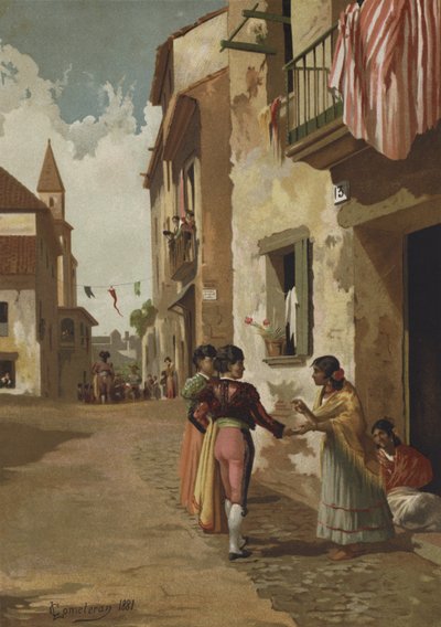 Gitana deseando buena suerte a un torero de Spanish School